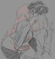 1girl1futa 2girls barely_clothed black_hair breasts breasts_out female glasses jane_doe_(zenless_zone_zero) kissing mihoyo penis penis_on_pussy pink_hair sketch sweeter_kiwiis tsukishiro_yanagi yuri zenless_zone_zero