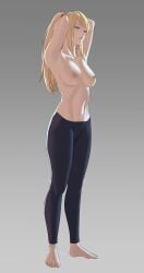 1girls armpits arms_above_head blonde_hair blue_eyes feet fit fit_female full_body metroid mole_under_mouth nintendo pomelomelon samus_aran solo solo_female topless variant