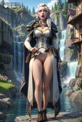 1girls ai_generated armor artist_name belt blonde_hair blue_cape blue_capelet blue_eyes boots bottomless braid braided_ponytail breasts cape cleavage cleft_of_venus clothes_lift corset day eyeshadow female flower full_body hair_over_shoulder hi_res jaina_proudmoore jewelry lips lipstick long_hair long_sleeves makeup medium_breasts multicolored_hair necklace no_panties open_mouth outdoors patreon_username pouch pussy r34arts red_lips shoulder_armor solo standing tree uncensored warcraft warcraft_3 water waterfall white_hair world_of_warcraft