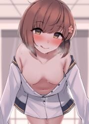 1girls :q absurdres blurry blurry_background blush breasts brown_eyes brown_hair commission curtains dress flower hair_between_eyes hair_flower hair_ornament highres indoors kantai_collection kiritto long_sleeves looking_at_viewer medium_breasts off_shoulder open_clothes pink_flower pussy_juice sailor_dress short_dress short_hair skeb_commission solo sweat tongue tongue_out white_dress window yukikaze_(kancolle) yukikaze_kai_ni_(kancolle)