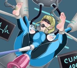 aggelioss ahe_gao anal ball_gag blonde_hair blue_eyes bondage breasts clothed covered_eyes crying female forced_lactation lactation metroid milking_machine mouth_gag nintendo restrained samus_aran sex_machine solo_female tickle_torture variant