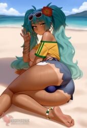 1girls 2d ai_generated aqua_hair ass barefoot big_ass big_breasts bikini bracelet brazilian_miku breasts dark-skinned_female earrings erection erophoenix eyewear_on_head feet full_body futanari grin hair_flower hair_ornament hatsune_miku huge_breasts jewelry kneeling large_penis long_hair looking_at_viewer looking_back nail_polish patreon_username penis shorts smile soles solo solo_female sunglasses swimsuit tan tellow_shirt testicles thick thick_thighs toes uncensored vocaloid