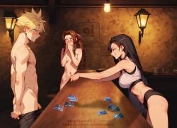 1boy2girls aerith_gainsborough ai_assisted ai_couture ai_generated blushing_at_partner boxers_(clothing) bulge cfnm cloud_strife embarrassed embarrassed_nude_male enm exposed_penis female final_fantasy final_fantasy_vii final_fantasy_vii_rebirth final_fantasy_vii_remake flaccid_penis forced_exposure humiliation lowering_briefs male male_focus playing_card small_penis square_enix strip_game tifa_lockhart undressing