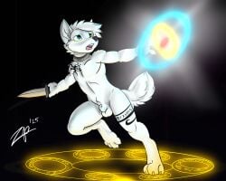 action_pose animal_genitalia anthro arcane_circle balls canid canine canis casting_spell chest_tattoo dagger fluffy fluffy_tail fully_sheathed genitals heterochromia hi_res holding_dagger holding_knife holding_melee_weapon holding_object holding_weapon icy-wolf knife leg_tattoo magic magic_user male mammal melee_weapon pose runes sheath solo tail tattoo weapon wearing_collar wolf zephyrpanthur