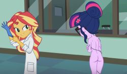 10s 2016 2girls accurate_art_style ass bare_ass bare_back bare_shoulders blue_gloves blue_hair completely_nude completely_nude_female covered_nipples covering cutie_mark equestria_girls female friendship_is_magic glasses gloves green_eyes hair_bun hasbro indoors invisibleink lab_coat looking_at_another multicolored_hair multiple_girls my_little_pony nude nude_female orange_skin parted_lips purple_skin red_hair sci-twi shoulder_blades smile standing sunset_shimmer teenage_ass teenage_girl teenage_girls teenager teenagers teeth thighs twilight_sparkle_(mlp) young