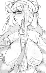 absurdres bbizim03 beads body_freckles breasts bug centipede commentary double_bun english_commentary female freckles greyscale hair_bun highres hundred-footed_death_maggot_(e.g.o) ishmael_(project_moon) large_breasts limbus_company long_hair long_tongue looking_at_viewer lunchshark01 messy_hair monochrome ofuda ofuda_on_head ofuda_on_nipples one_eye_covered open_clothes open_mouth partially_shaded_face pasties prayer_beads project_moon simple_background solo steaming_body sweat talisman teeth tongue tongue_out upper_teeth_only very_sweaty