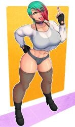 big_breasts big_thighs big_titties blush breasts clothing comission curvaceous curvaceous_female curvaceous_figure curvy curvy_figure curvy_hips female female_focus female_only goth goth_girl looking_at_viewer multicolored_hair original original_character pircing short_hair strong strong_woman thigh_highs zedro