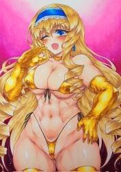 1girls abs big_breasts bikini blonde_hair blue_eyes blush breasts busty cecilia_alcott child_bearing_hips cleavage drill_hair female female_only gloves gold_bikini hairband hand_on_hip highres infinite_stratos large_breasts legs long_hair looking_at_viewer navel ojou-sama_pose one_eye_closed open_mouth pose posing side-tie_bikini_bottom smile solo swimsuit thick_thighs thighs thong_bikini tongue traditional_media very_long_hair voluptuous wide_hips wink