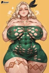 ai_generated amazon_(dragon's_crown) areolae_visible_through_clothing athletic_female bare_thighs bbw bitch blonde_hair dragon's_crown gigantic_breasts green_eyes huge_areolae huge_breasts huge_nipples huge_thighs light-skinned_female light_skin long_hair looking_at_viewer massive_breasts minidress muscular_female nipples_visible_through_clothing oiled_body oiled_skin puffy_nipples smiling solo_female squatting sweat sweatdrop thick_body thick_female thick_thighs thighs thighs_bigger_than_head tongue_out very_long_hair voluptuous voluptuous_female yashugai