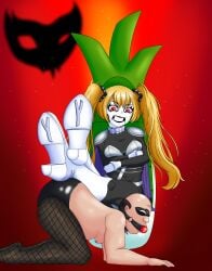 accessory armor arms_crossed arms_crossed_under_breasts ball_gag bdsm_harness bdsm_outfit bodysuit bondage boots cape degradation detroit_metal_city fanart feet_up female femdom gagged hatsune_miku heel_boots heels johannes_krauser_ii leek legs_on_back male malesub mask pauldrons red_eyes royalforcemeat sitting spikes stepped_on stockings throne vocaloid yellow_hair