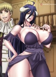 1boy 1girls albedo_(overlord) annoyed black_hair blonde_hair blush breasts demon demon_girl female highres horns interspecies kactzzu large_breasts long_hair male overlord_(maruyama) philip_(overlord) shoulder_grab thick_thighs thighs