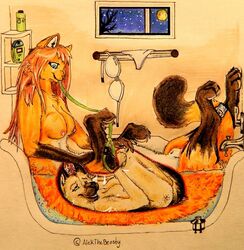 alekthebeasty animal_genitalia anthro bath breasts canine clothing collar female fox herm intersex leash mammal penis sheath taur underwear vore