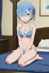 ai_generated bed big_breasts blue_hair breasts female pinku.ai re:zero_kara_hajimeru_isekai_seikatsu rem_(re:zero) shy sitting sitting_on_bed underwear