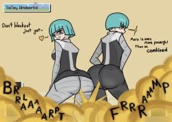 1boy 1girl1boy 1girls ass ass_focus ass_to_ass blue_hair both_sexes_in_same_situation fart fart_cloud fart_fetish farting female fully_clothed looking_back male male_fart onomatopoeia pokemon smug smug_face smug_grin sooshinoko team_galactic team_galactic_grunt team_galactic_grunt_(female) team_galactic_grunt_(male) villain