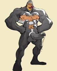 accessory beard big_pecs black_body blond_beard bodily_fluids clothing cock_ring eddie_brock facial_hair genital_fluids genitals hi_res jewelry long_tongue male male_only marvel muscular muscular_male pecs penis penis_accessory penis_jewelry precum rickleone sharp_teeth slime symbiote teeth tongue tongue_out torn_clothing venom venom_(marvel)
