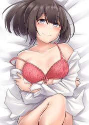 1girls absurdres akizuki_(kancolle) blue_eyes blush bra breasts brown_hair closed_mouth collarbone commentary_request crossed_arms female highres kantai_collection kiritto lace lace-trimmed_bra lace_trim long_sleeves looking_at_viewer lying medium_breasts medium_hair off_shoulder on_back ponytail shirt smile solo underwear white_shirt
