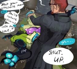 3_toes anthro anthro_on_bottom anthro_penetrated black_body blokkie blue_pawpads breasts clothing coat crocodile crocodilian dialogue dirty_talk dominant dominant_human dominant_male duo english_text eyewear feet female female_on_bottom female_penetrated genitals glasses green_body human human_on_anthro human_on_top human_penetrating human_penetrating_anthro interspecies lying male male/female male_on_anthro male_on_top male_penetrating male_penetrating_anthro male_penetrating_female mammal mouth_grab nipples on_back on_bottom on_top pawpads paws penetration penile penile_penetration penis penis_in_pussy postal_(series) postal_dude pussy rear_view reptile running_with_scissors_(company) scalie sex speech_bubble submissive submissive_anthro submissive_female text toes tongue tongue_out topwear trenchcoat vaginal_penetration vaginal_penetration wearing_glasses