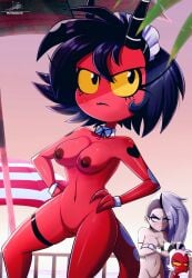 2024 angry annoyed areola black_hair breasts crossed_arms cuffs_(clothing) demon female genitals group hair hands_on_hips helluva_boss hi_res horn horned_humanoid human human_loona_(vivzmind) humanoid imp looking_aside looking_at_viewer loona_(helluva_boss) maid_headdress male mammal millie_(helluva_boss) moxxie_(helluva_boss) nipples not_furry nude outside partially_shaved_head pussy red_body red_eyes red_skin sky solo_focus tail tailed_humanoid the-butcher-x trio white_hair yellow_sclera