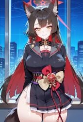 1girls ai_generated big_breasts blue_archive breasts brown_hair female female_focus fox_ears huge_breasts kitsune large_breasts light-skinned_female multicolored_hair red_hair thick_thighs thighs wakamo_(blue_archive) yellow_eyes