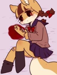 anthro bandage bandaged_leg blood blood_from_wound blood_splatter blue_bottomwear blue_clothing blue_skirt bodily_fluids bottomwear brown_body brown_fur canid canine clothing female fox fur gore gore_focus long_socks mammal multicolored_body multicolored_fur orange_body orange_fur pyonko red_eyes red_fox red_ribbon ribbons school_uniform self-harm skirt solo solo_focus sweater topwear true_fox twintails uniform white_body white_fur wound_on_arm wounded