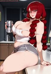 ai_generated areola_slip bangs beer blush braided_hair braided_twintails breasts cameltoe curvy curvy_body curvy_female curvy_figure dreamcoreart drunk fairy_tail female female_focus female_only grey_shorts hair_ornament hair_ribbon huge_breasts indoors irene_belserion large_breasts light-skinned_female light_skin long_hair nipple_bulge no_bra no_sex non-nude patreon_username red_hair short_shorts shorts solo solo_female solo_focus standing sweat tank_top thick_thighs voluptuous voluptuous_female wide_hips