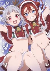 adapted_costume arashi_chisato bare_arms bare_belly bare_legs bare_thighs belly_button blue_eyes blush bra cosplay flat_chest fur-trimmed_skirt green_bra grey_hair groin hair_bun heart_in_mouth kitahara_tomoe_(kitahara_koubou) love_live! love_live!_superstar!! miniskirt open_mouth outstretched_arms parted_lips red_eyes red_hair santa_costume santa_hat shiny_skin short_sleeves single_side_bun skirt smile thighs yoneme_mei