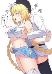 1boy absurdres bare_shoulders beret black_hair black_pants blonde_hair blue_eyes blue_skirt blush braid breasts chaldea_uniform choker clothes_lift crop_top crop_top_overhang fate/grand_order fate_(series) female fingerless_gloves fujimaru_ritsuka_(male) gloves grabbing_another's_breast grinding groping hat highres jeanne_d'arc_(fate) jeanne_d'arc_(mystery_treasure)_(fate) jeanne_d'arc_(swimsuit_archer)_(fate) large_breasts long_hair long_sleeves low_twin_braids male midriff mini_hat natu_zame navel open_mouth panties pants pleated_skirt sailor_collar shirt short_hair skirt speech_bubble straight thigh_sex thighhighs thighs translation_request twin_braids underwear very_long_hair white_gloves white_hat white_panties white_shirt white_thighhighs