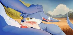 anthro blue_body blue_fur canid canine cloud eyewear fox fur glasses grass group heart_symbol hi_res kangaroo macropod male mammal markings marsupial mountain plant red_markings sky tongue tongue_out white_body white_fur zunno_fur