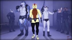 3d_(artwork) anthro armor artic_breeze_(sky_chaser) bulge canid canine canis clothed clothing costume digital_media_(artwork) fish footwear fur gear gloves group hair hair_over_eye hammerhead_(petruz) handwear hat headgear headwear hi_res lagomorph legwear leporid male male_only mammal marine multicolored_body multicolored_fur muscular muscular_male partially_clothed rabbit rabbit_(petruz) shark shoes sky_chaser sky_chaser_(character) source_filmmaker_(artwork) stockings tattoo underwear weapon wolf wolf_(petruz)