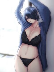 asian asian_female black_hair blue_eyes bra female hi_res huge_breasts large_breasts lingerie lingerie_bra lingerie_only lingerie_panties one_eye_obstructed original original_character pose posing stickvenezuela stretching stretching_arms tagme teenage_girl teenager wide_hips yukihana_amano_(stickvenezuela)