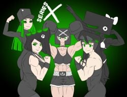 5girls abs black_choker black_sports_bra boxers boxing_gloves console-tan console_girls cropped cropped_legs dolphin_shorts female girls gradient_background green_background green_eyes green_hair gummidx headgear light-skinned_female light_skin midriff muscles muscular muscular_arms muscular_female muscular_legs no_background ponytail posing sports_bra xbox_series_x-tan