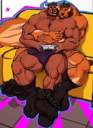 5_fingers :3 anthro arm_hair beard belly black_clothing black_footwear black_socks body_hair bovid bovine bronzewulf brown_body brown_tail bulge canid canine canis cattle chest_hair clothing colored controller darksideofdiscovery detailed_bulge digital_drawing_(artwork) digital_media_(artwork) duo english_text facial_hair facial_piercing feet fingers fluffy fluffy_tail footwear fur furniture game_controller gaming genital_outline hair hi_res holding_object horn hug hugging_another hugging_from_behind humanoid_feet leg_hair looking_at_another male male/male mammal multicolored_body multicolored_fur muscular muscular_anthro muscular_male navel nipples nose_piercing nose_ring nude orange_body orange_fur pecs penis_outline piercing pink_nipples plantigrade purple_clothing purple_underwear ring_piercing septum_piercing shaded sitting smile socks sofa speech_bubble tail tan_body tan_fur text thick_thighs tongue tongue_out two_tone_body two_tone_fur underwear uthor_(darksideofdiscovery) wolf