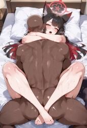 1boy 1girls ai_generated animal_ears big_breasts black_penis blue_archive breasts breeding brown_hair dark-skinned_male female female_focus fox_ears huge_breasts huge_cock interracial kitsune large_breasts leg_lock light-skinned_female looking_pleasured male multicolored_hair naked naked_female nude nude_female red_hair sex thick_thighs thighs vaginal_sex wakamo_(blue_archive) yellow_eyes