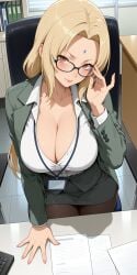 1girls adjusting_eyewear adjusting_glasses ai_generated alternate_costume arm_support arm_under_breasts artist_name azrael_ace big_breasts blonde_hair breast_focus breasts brown_eyes busty chair cleavage clothing computer desk eyewear female female_focus forehead_mark formal formal_clothes from_above glasses huge_breasts id_card indoors light-skinned_female light_skin lipstick makeup mature mature_female milf naruto naruto_(series) naruto_shippuden necklace office office_chair office_lady oppai shirt skirt thick_thighs thighs tsunade unbuttoned unbuttoned_shirt viewed_from_above voluptuous voluptuous_female