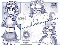 black_and_white blush breasts breasts_out comic dialogue female game_mechanics h3p0 implied_sex otter_tail pippi_(osu!) sweat