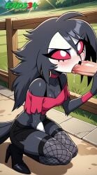 2025 ai_generated blowjob blush crop_top ends34 female female_only helluva_boss medium_breasts medium_hair octavia_(helluva_boss) oral shorts squatting stockings