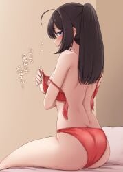 1girls absurdres ahoge akizuki_(kancolle) ass back bare_shoulders bikini black_hair blue_eyes blush breasts from_behind furrowed_brow highres indoors kantai_collection kiritto long_hair looking_at_viewer ponytail red_bikini sidelocks sitting small_breasts solo sweat swimsuit translation_request undressing