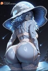1girls ai_generated ass back blue_eyes blue_hair bra codemistake elden_ring female garter_belt garter_straps grabbing_own_ass lace lace_panties lingerie looking_at_viewer looking_back moon panties partially_submerged patreon patreon_logo patreon_reward patreon_url ranni_the_witch solo water white_lingerie