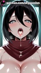 1girls 2025 ai_assisted ai_generated anime artist_name attack_on_titan big_breasts big_chest black_eyes black_hair blush breasts bust busty chest cum cum_in_mouth cum_on_body cum_on_breasts cum_on_tongue facial female_focus female_only hair_between_eyes half-closed_eyes hard_nipples heart hi_res high_quality high_resolution highres large_breasts looking_at_viewer mikasa_ackerman mikasa_ackerman_(cosplay) mole nipple nipples nipples_outside open_mouth patreon patreon_username red_scarf saliva scarf shingeki_no_kyojin short_hair skypassion solo stable_diffusion sweat teeth tongue tongue_out uncensored_nipples upper_body watermark