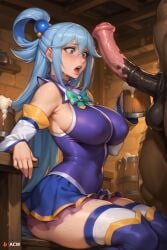 1boy 1girls acw ai_generated alcohol alcoholic_drink aqua_(konosuba) balls beer blue_eyes blue_hair bowtie curvy dark-skinned_male detached_sleeves equine_penis female holding_beer holding_cup huge_cock indoors kono_subarashii_sekai_ni_shukufuku_wo! large_breasts long_hair long_sleeves looking_at_penis male microskirt miniskirt minotaur open_mouth shocked shocked_expression shocked_eyes skirt surprised surprised_expression tavern thick_thighs thighhighs thighs veiny_penis voluptuous