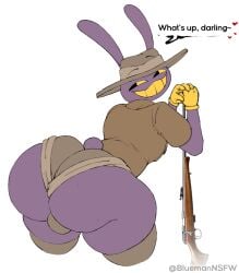 ass balls big_ass bluemannsfw bunny dialogue femboy gay glitch_productions gooseworx gun jax_(the_amazing_digital_circus) purple_body rifle safari safari_hat simple_coloring text text_bubble the_amazing_digital_circus twink white_background