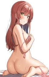 1girls absurdres ass back bare_arms bare_legs bare_shoulders barefoot bed_sheet blush bra breasts brown_eyes commentary_request covering_breasts covering_privates feet from_behind full_body hair_between_eyes heavy_breathing highres idolmaster idolmaster_shiny_colors long_hair looking_at_viewer looking_back medium_breasts on_bed osaki_amana panties panties_around_one_leg panty_pull parted_lips pink_bra pink_panties red_hair sideboob simple_background sitting soles solo sweat thighs toes underwear wanimaru wariza white_background