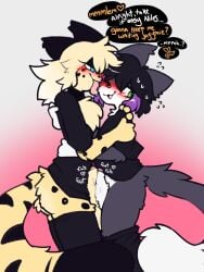 anthro anthro_on_anthro artist_collaboration blush bottomless bottomless_anthro bottomless_male caeleste chest_tuft clothed clothing domestic_cat english_text face_lick felid feline felis femboy fluffy_penis frottage furry_foreskin gradient_background heart_symbol hi_res highlights_(coloring) jamie_(mewgle) legwear licking male male/male mammal niles_(caeleste) no_underwear penile purple_highlights serval sex simple_background speech_bubble tail text thigh_highs tongue tuft