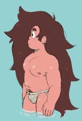 beach cartoon_network greg_universe greg_universe_(young) long_hair muscles muscular no_nude pierced_ears piercing simple_background steven_universe tanga undressing water