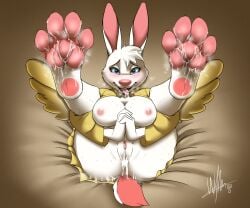angel angel_gabby angel_hare anthro areola big_breasts big_nose blue_eyes blue_sclera blush blush_lines bodily_fluids breasts brown_background buckteeth clothed clothing cum cum_in_ass cum_inside cum_on_feet cum_on_tongue eyelashes feathered_wings feathers feet female foot_fetish fur genital_fluids genitals head_tuft lagomorph leaking_cum legs_up leporid looking_at_viewer lying mammal nipples no_underwear on_back open_mouth open_smile pawpads pink_areola pink_nipples pink_nose pussy rabbit robe scut_tail short_tail simple_background smile solo tail teeth the_east_patch thick_thighs tongue tongue_out tuft white_body white_fur wide_hips wings wolftomwolf yellow_body yellow_clothing yellow_feathers yellow_robe