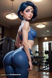 1girls ai_generated ami_mizuno artist_name ass ass_focus bare_midriff bare_shoulders bishoujo_senshi_sailor_moon blue_choker blue_eyes blue_hair blue_pants blue_sports_bra breasts cameltoe ceiling_light choker circlet dumbbell earrings female from_behind gym hi_res indoors jewelry lips looking_at_viewer looking_back medium_breasts nose pants patreon_username progenarts sailor_mercury short_hair solo sports_bra stud_earrings web_address weights yoga_pants