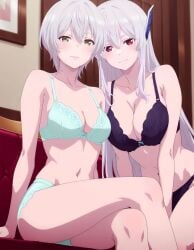 2girls bare_legs bare_shoulders black_bra black_thong blue_bra blue_panties breasts cleavage collarbone kikuchi_fuuka large_breasts lingerie long_hair looking_at_viewer medium_breasts short_hair silver_hair sitting uzen_kyouka