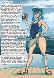 bakuhaku blue_hair breasts brown_eyes camera comic_page female hand_on_hip kinky_fridays nipples_visible_through_clothing ponytail sandals sapphire_safari small_breasts sun_visor swimsuit text
