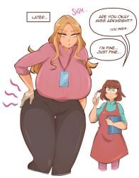 2d 2girls after_sex big_ass big_breasts blonde_hair breasts breasts_bigger_than_head female hips_wider_than_shoulders light-skinned_female pink_eyes saucymojo speech_bubble tatiana_arkwright_(saucymojo) teacher