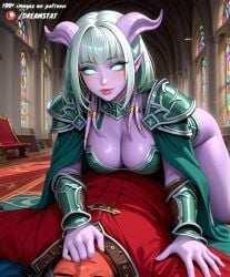 1boy ai_assisted ai_generated armor artist_request bangs blue_eyes blush breasts cape cleavage colored_skin draenei female freckles horns indoors large_breasts looking_at_viewer male medium_hair pauldrons pointy_ears purple_skin shoulder_armor smile stained_glass straight sweat vambraces warcraft white_hair world_of_warcraft